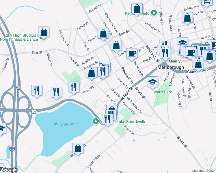map of restaurants, bars, coffee shops, grocery stores, and more near 11 Versailles Street in Marlborough