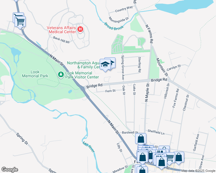 map of restaurants, bars, coffee shops, grocery stores, and more near 105 Fern Street in Northampton