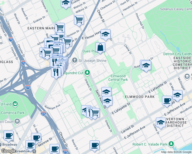 map of restaurants, bars, coffee shops, grocery stores, and more near 1922 Saint Aubin Street in Detroit