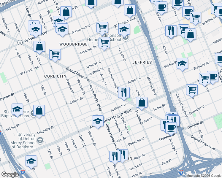 map of restaurants, bars, coffee shops, grocery stores, and more near 3810 Grand River Avenue in Detroit
