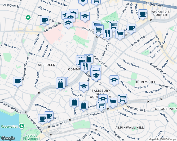 map of restaurants, bars, coffee shops, grocery stores, and more near 319 Allston Street in Boston