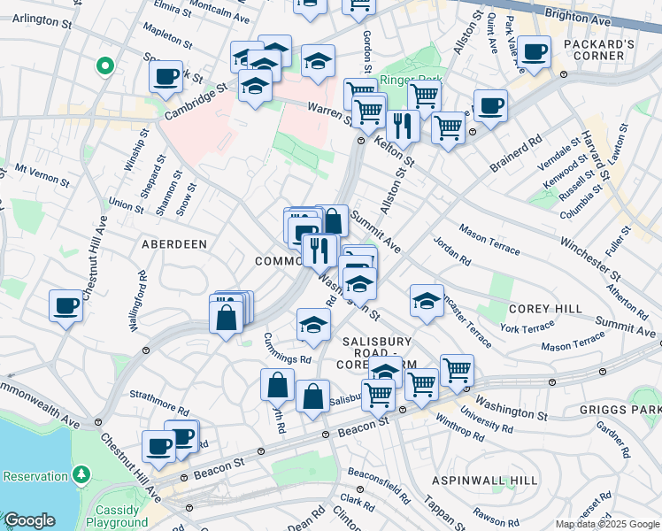 map of restaurants, bars, coffee shops, grocery stores, and more near 313 Allston Street in Boston