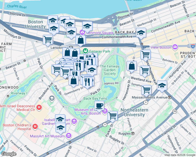 map of restaurants, bars, coffee shops, grocery stores, and more near 31 Park Drive in Boston