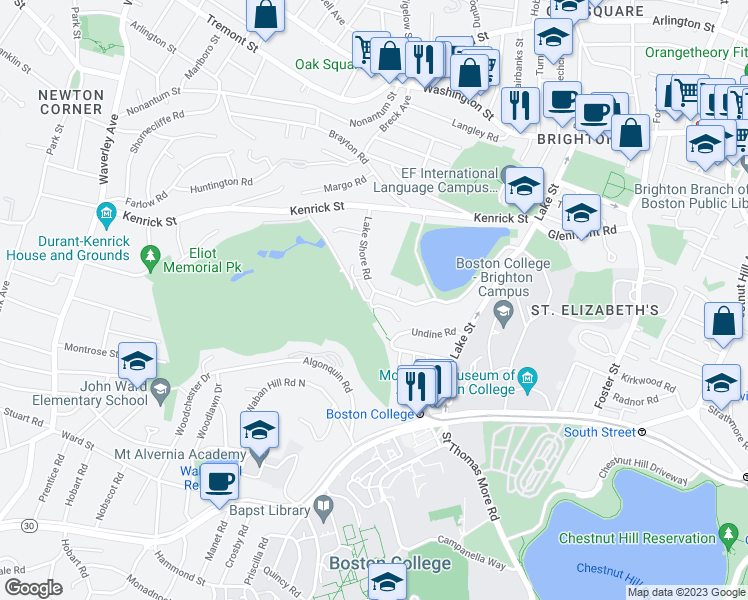 map of restaurants, bars, coffee shops, grocery stores, and more near 6 Lake Shore Terrace in Boston