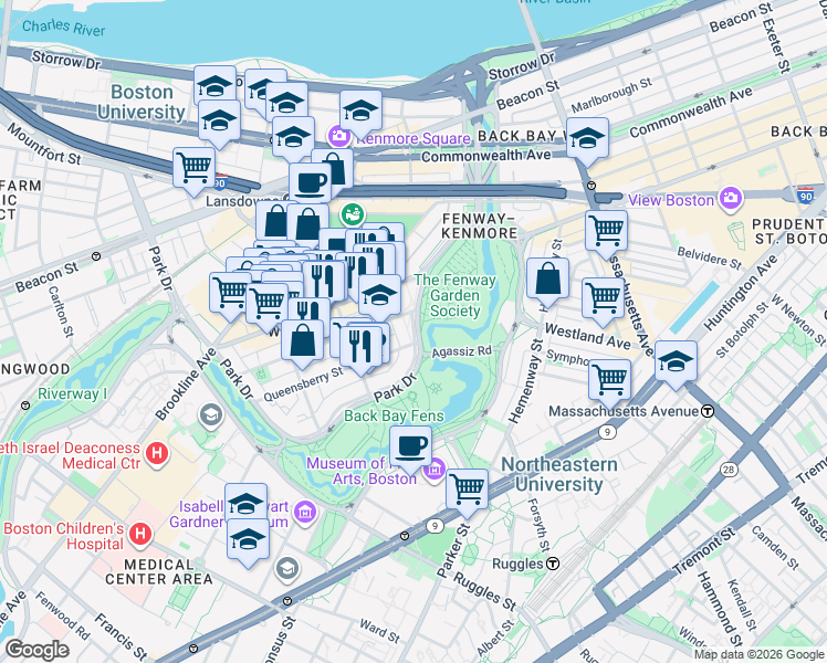 map of restaurants, bars, coffee shops, grocery stores, and more near 11 Queensberry Street in Boston