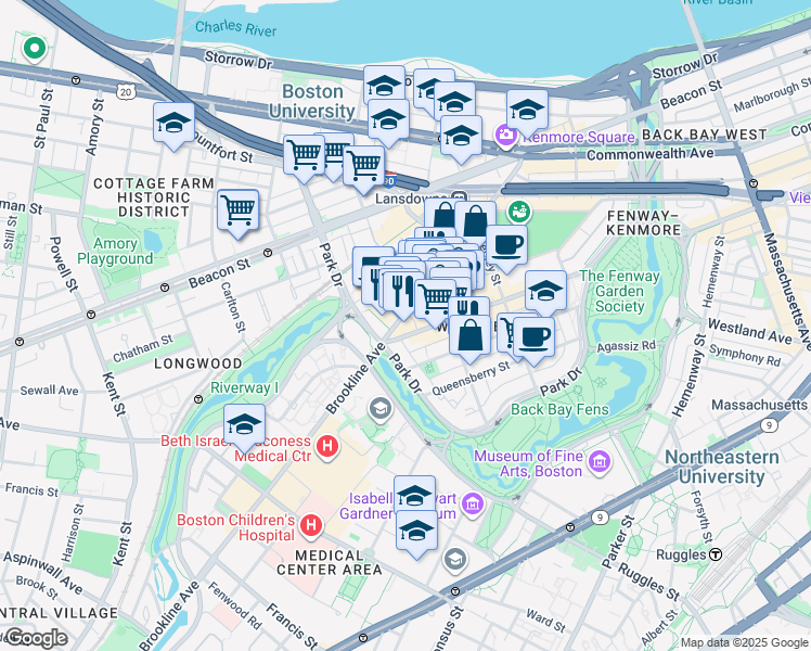 map of restaurants, bars, coffee shops, grocery stores, and more near 200 Brookline Avenue in Boston
