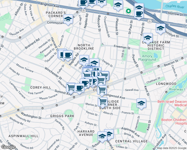 map of restaurants, bars, coffee shops, grocery stores, and more near 301 Harvard Street in Brookline