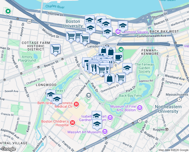 map of restaurants, bars, coffee shops, grocery stores, and more near 188 Brookline Avenue in Boston