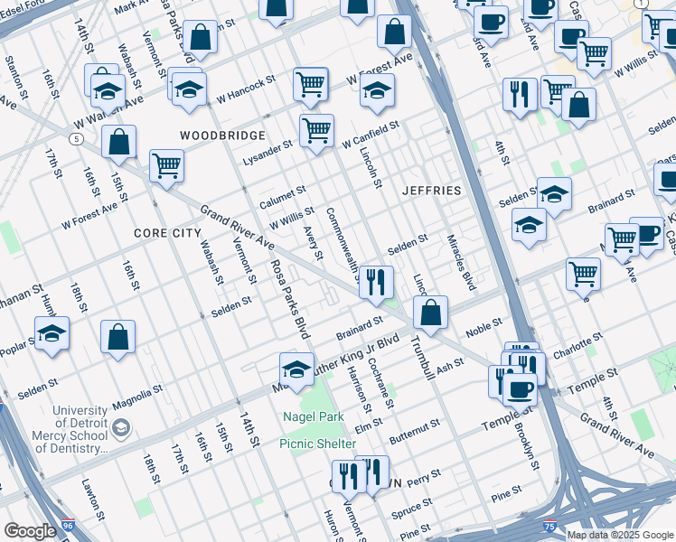 map of restaurants, bars, coffee shops, grocery stores, and more near 3820 Grand River Avenue in Detroit