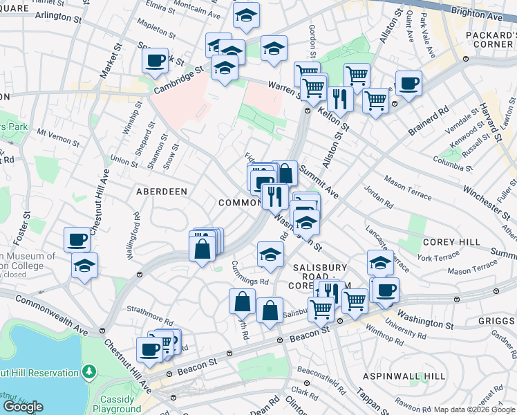 map of restaurants, bars, coffee shops, grocery stores, and more near 1607 Commonwealth Avenue in Boston