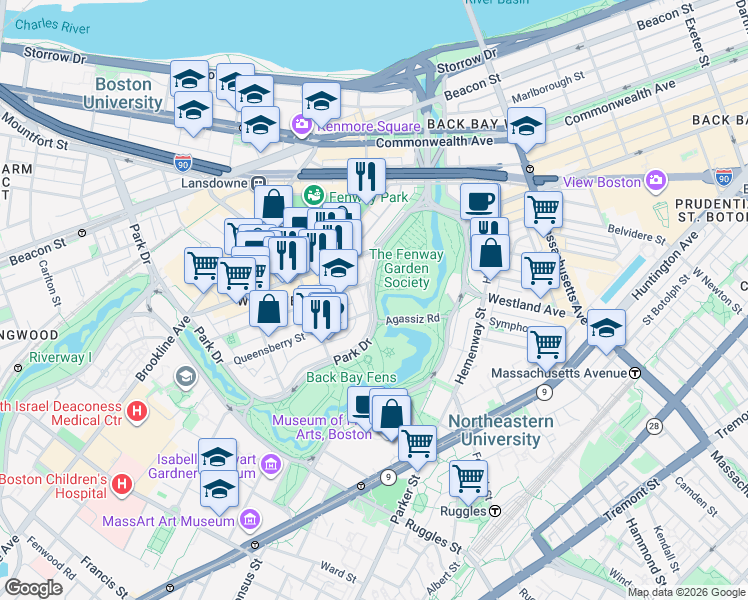 map of restaurants, bars, coffee shops, grocery stores, and more near 76 Park Drive in Boston