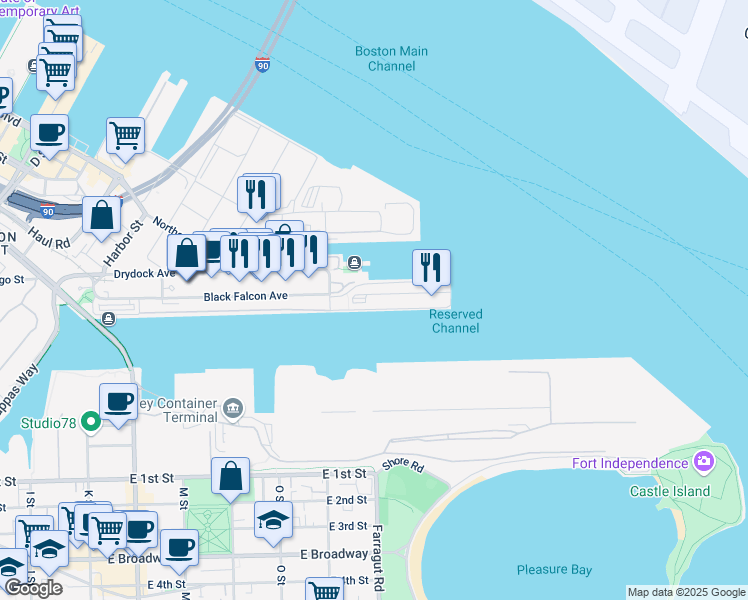 map of restaurants, bars, coffee shops, grocery stores, and more near 88 Black Falcon Avenue in Boston