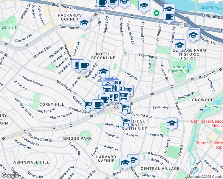 map of restaurants, bars, coffee shops, grocery stores, and more near 301 Harvard Street in Brookline