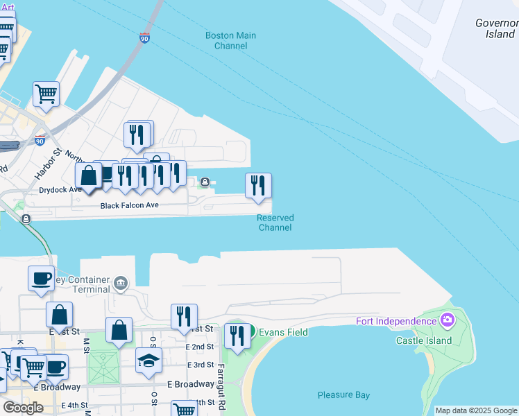 map of restaurants, bars, coffee shops, grocery stores, and more near 88 Black Falcon Avenue in Boston
