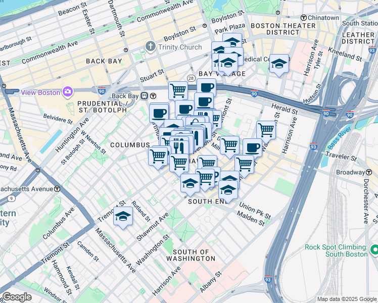 map of restaurants, bars, coffee shops, grocery stores, and more near 98 Waltham Street in Boston