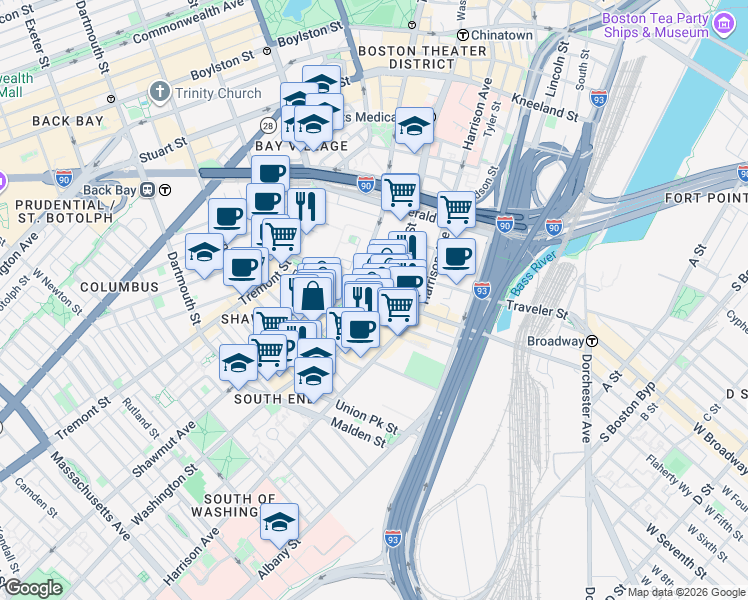 map of restaurants, bars, coffee shops, grocery stores, and more near 1145 Washington Street in Boston