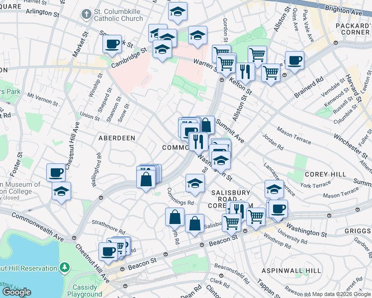 map of restaurants, bars, coffee shops, grocery stores, and more near 1607 Commonwealth Avenue in Boston