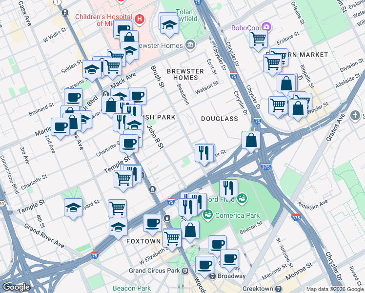 map of restaurants, bars, coffee shops, grocery stores, and more near 257 Adelaide Street in Detroit