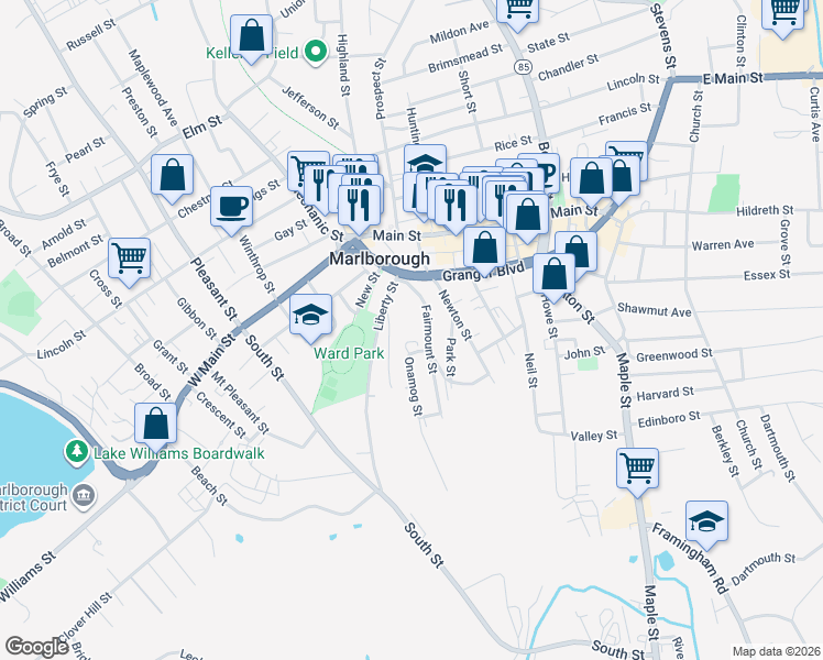 map of restaurants, bars, coffee shops, grocery stores, and more near 34 Ringold Street in Marlborough