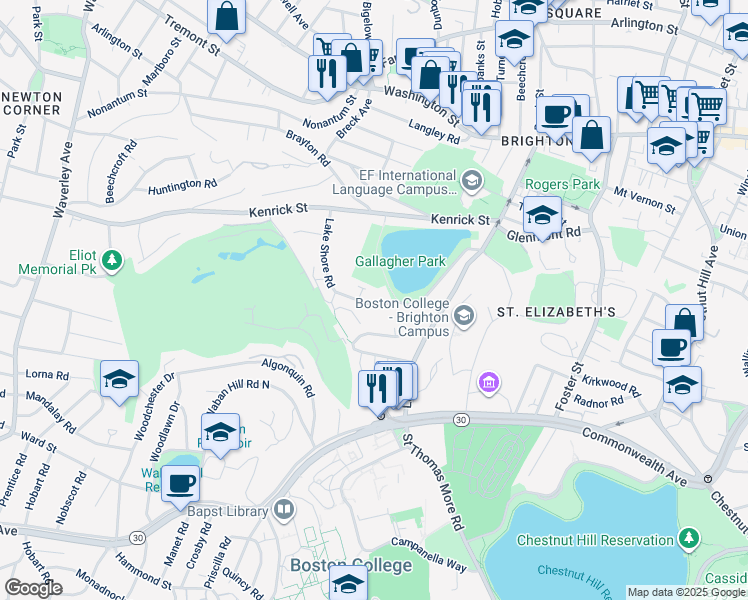 map of restaurants, bars, coffee shops, grocery stores, and more near 116 Lake Shore Road in Boston