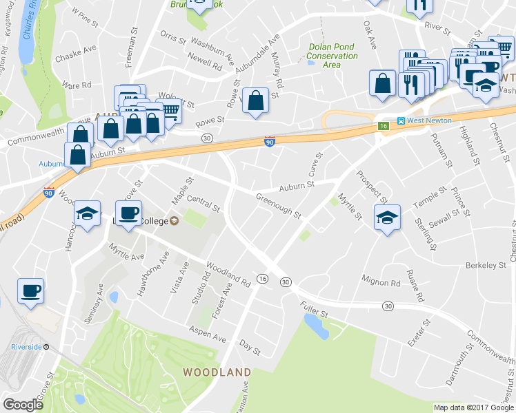 map of restaurants, bars, coffee shops, grocery stores, and more near Windermere Rd & Braeburn Rd in Newton