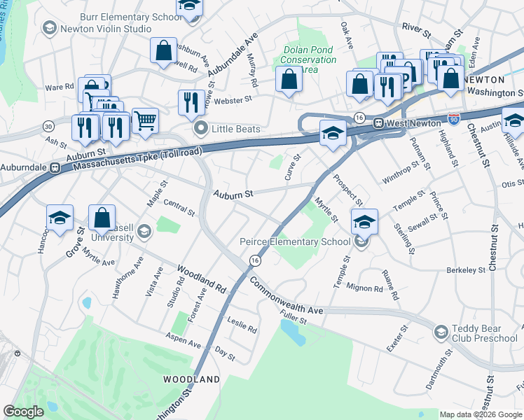 map of restaurants, bars, coffee shops, grocery stores, and more near 50 Greenough Street in Newton