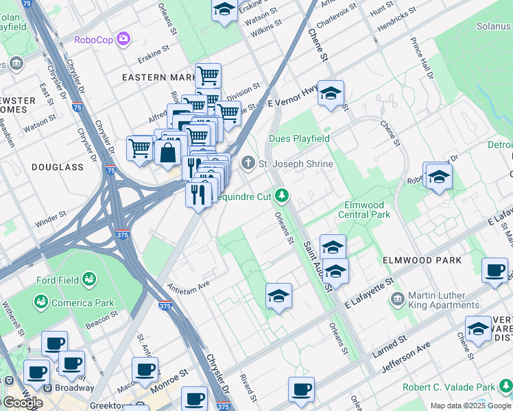 map of restaurants, bars, coffee shops, grocery stores, and more near 1909 Orleans Street in Detroit