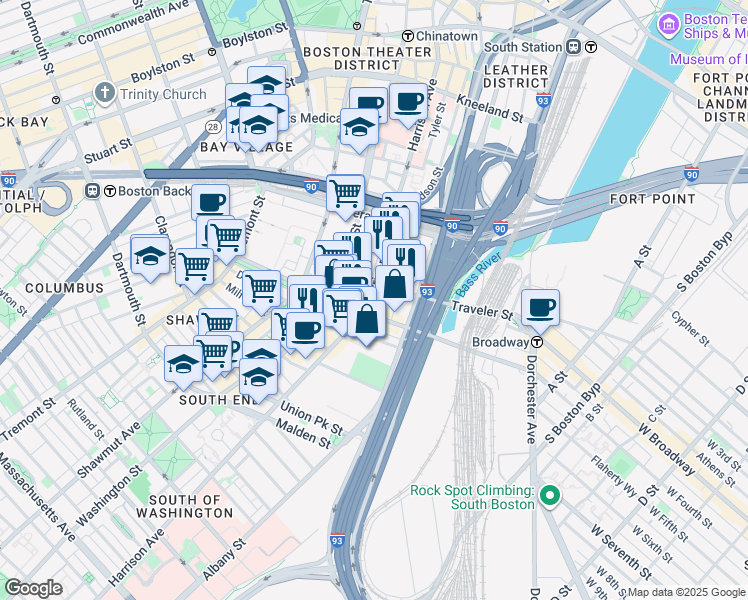 map of restaurants, bars, coffee shops, grocery stores, and more near 390 Harrison Avenue in Boston