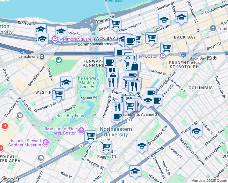 map of restaurants, bars, coffee shops, grocery stores, and more near in Boston