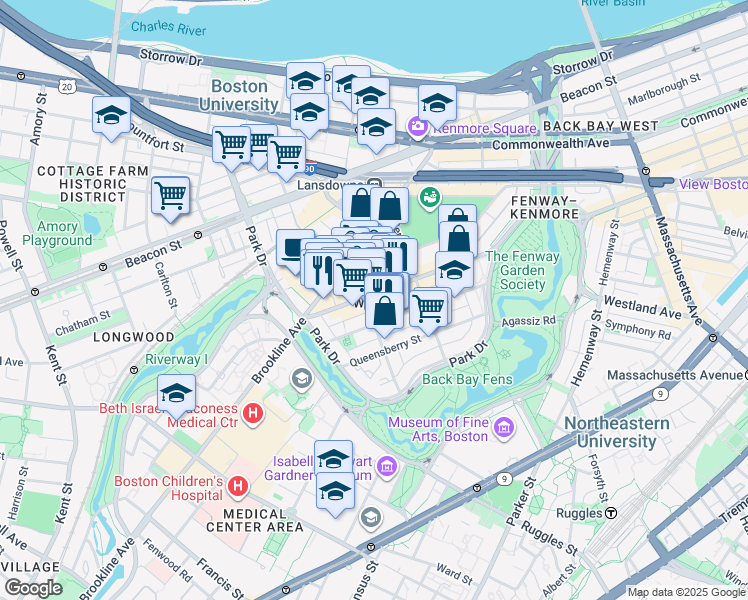 map of restaurants, bars, coffee shops, grocery stores, and more near 1350 Boylston Street in Boston