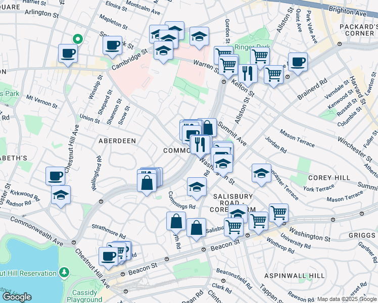 map of restaurants, bars, coffee shops, grocery stores, and more near 1619 Commonwealth Avenue in Boston