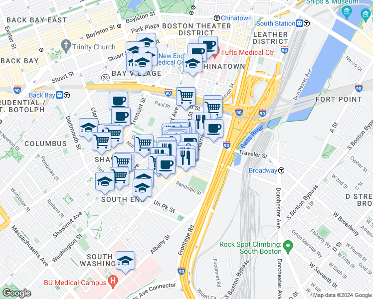map of restaurants, bars, coffee shops, grocery stores, and more near 31 Fay Street in Boston