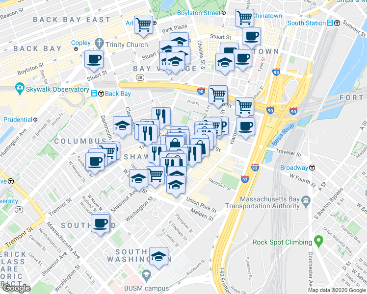 map of restaurants, bars, coffee shops, grocery stores, and more near in Boston