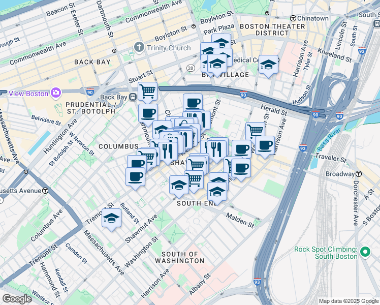 map of restaurants, bars, coffee shops, grocery stores, and more near in Boston