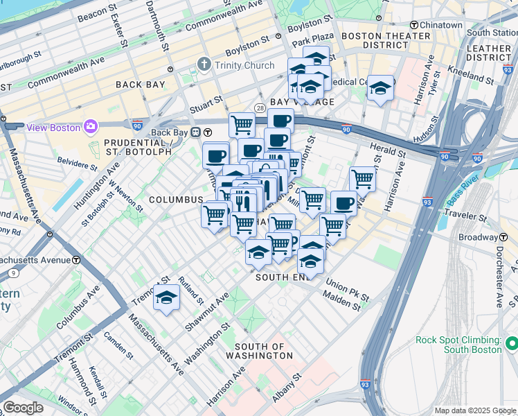 map of restaurants, bars, coffee shops, grocery stores, and more near in Boston