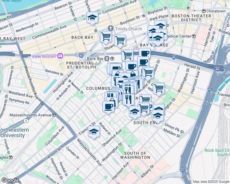 map of restaurants, bars, coffee shops, grocery stores, and more near 7 Dartmouth Street in Boston
