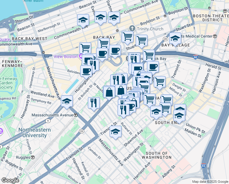 map of restaurants, bars, coffee shops, grocery stores, and more near 141 Pembroke Street in Boston