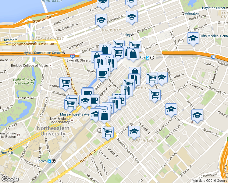 map of restaurants, bars, coffee shops, grocery stores, and more near 76 Claremont Street in Boston