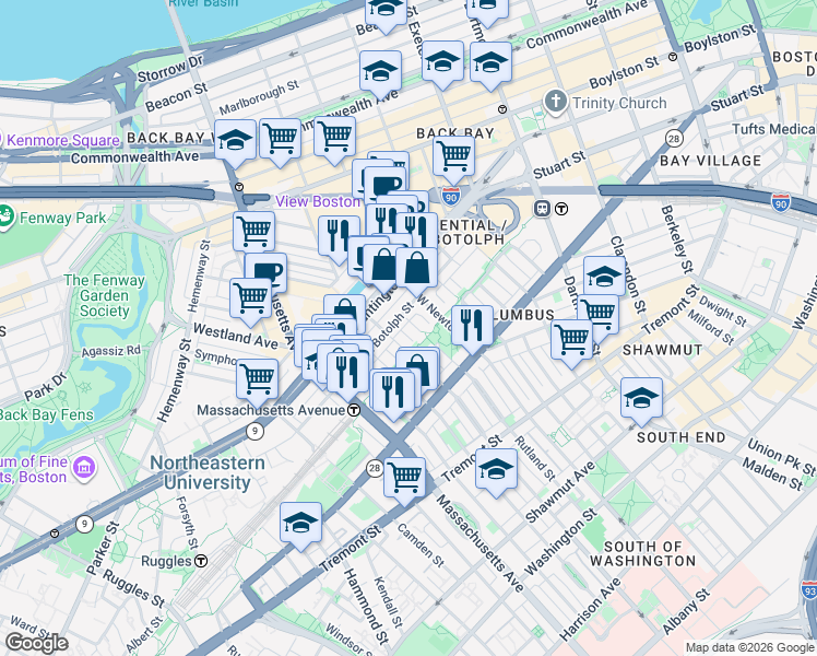 map of restaurants, bars, coffee shops, grocery stores, and more near in Boston