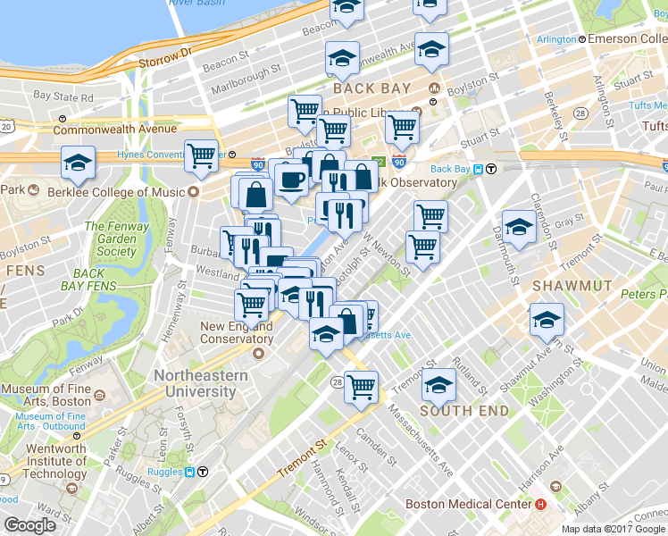 map of restaurants, bars, coffee shops, grocery stores, and more near 200-220 Huntington Avenue in Boston