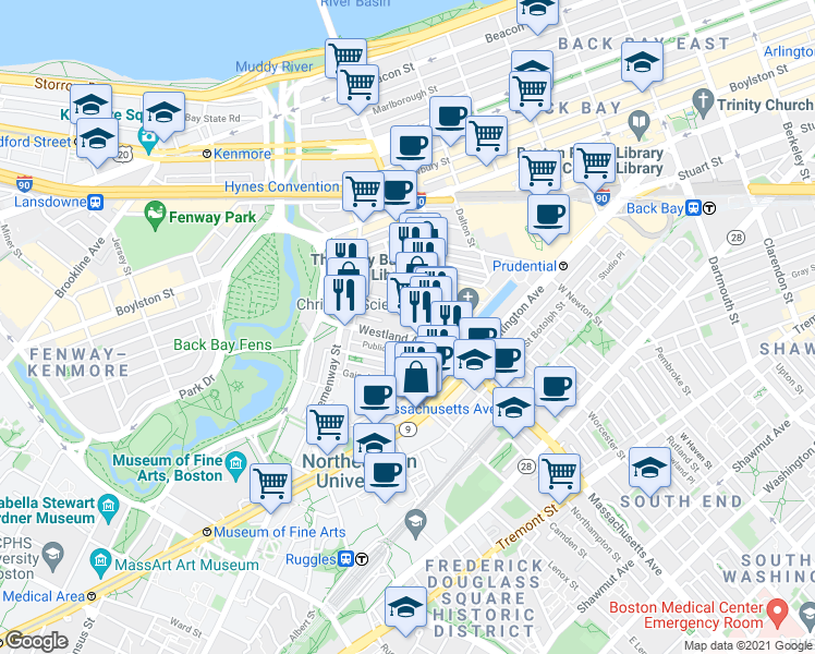 map of restaurants, bars, coffee shops, grocery stores, and more near 29 Symphony Road in Boston