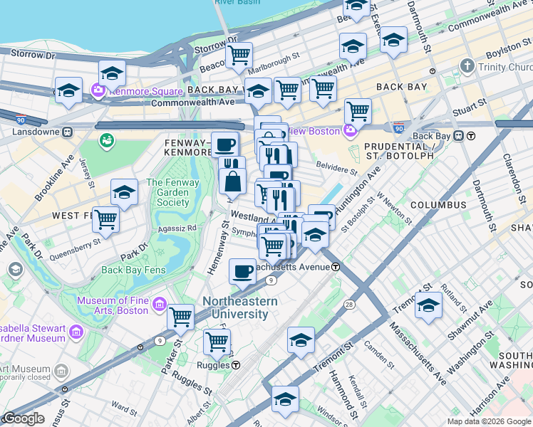 map of restaurants, bars, coffee shops, grocery stores, and more near 29 Symphony Road in Boston