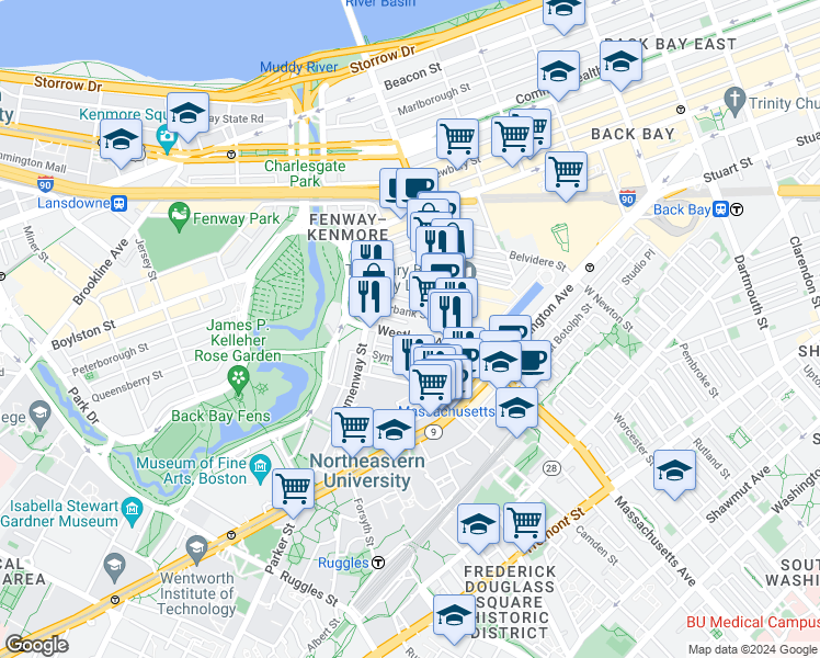 map of restaurants, bars, coffee shops, grocery stores, and more near 29 Symphony Road in Boston