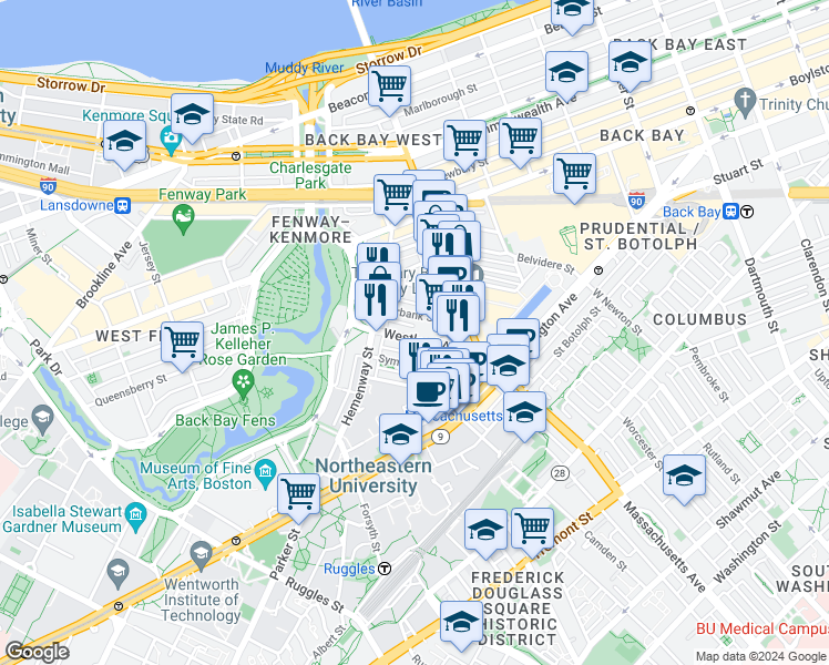 map of restaurants, bars, coffee shops, grocery stores, and more near 29 Symphony Road in Boston
