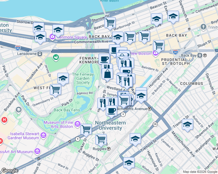 map of restaurants, bars, coffee shops, grocery stores, and more near in Boston
