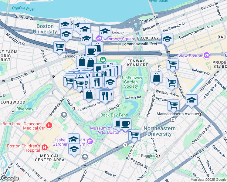 map of restaurants, bars, coffee shops, grocery stores, and more near 11 Queensberry Street in Boston