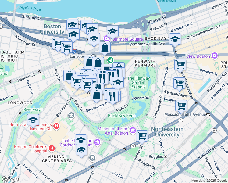 map of restaurants, bars, coffee shops, grocery stores, and more near 119 Jersey Street in Boston