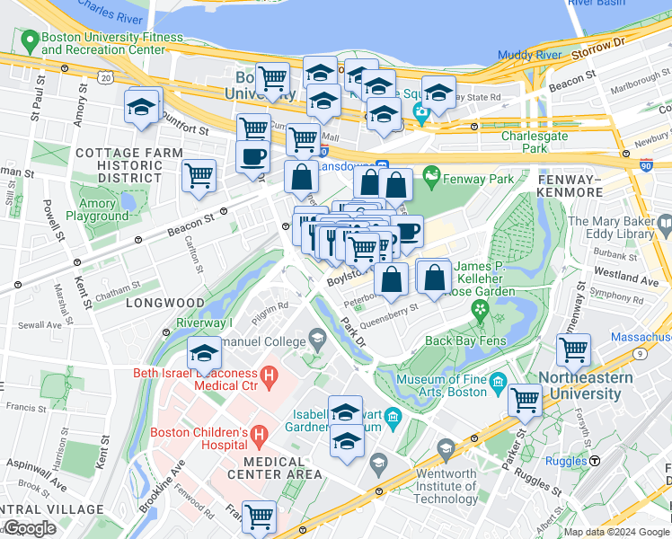 map of restaurants, bars, coffee shops, grocery stores, and more near 1395 Boylston Street in Boston