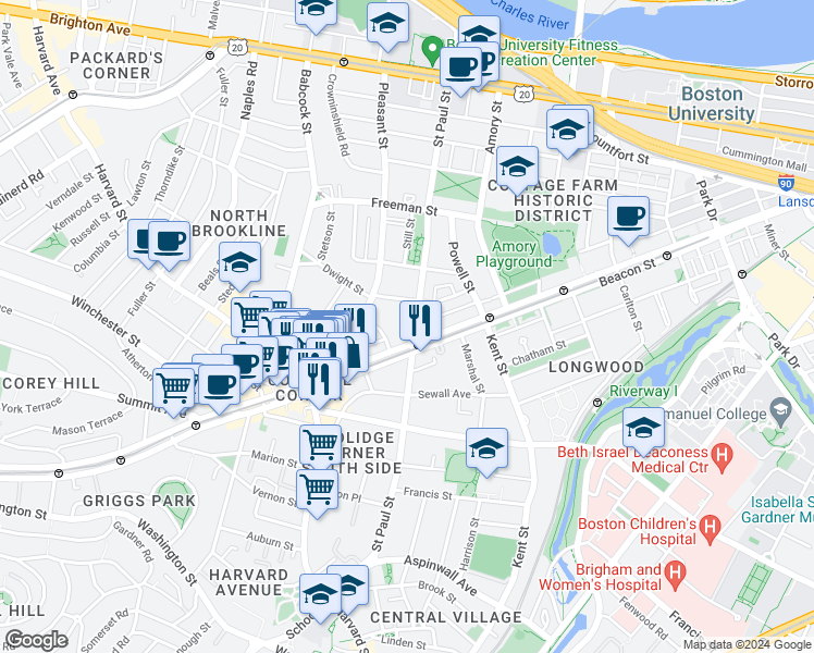 map of restaurants, bars, coffee shops, grocery stores, and more near 3 James Street in Brookline