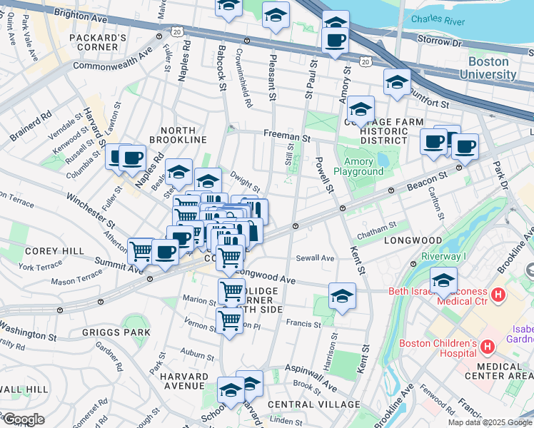 map of restaurants, bars, coffee shops, grocery stores, and more near 3 James Street in Brookline